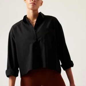Athleta, Black Cropped Stretch Tech Button Front Top, Medium
